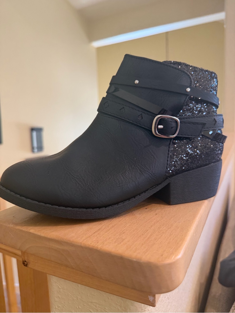Girls' Black Glitter Ankle Boots with Buckle Straps
